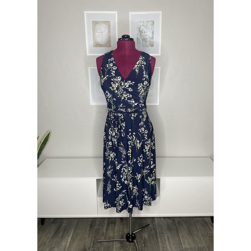 LAUREN RALPH LAUREN Black Label 6 Carana Faux Wrap Midi Dress Belted Navy Floral